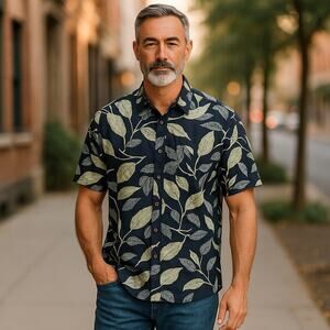 5/$35   Island Shores Mens Shirt Sz XL Blue Green White Leaves Hawaiian Tropical